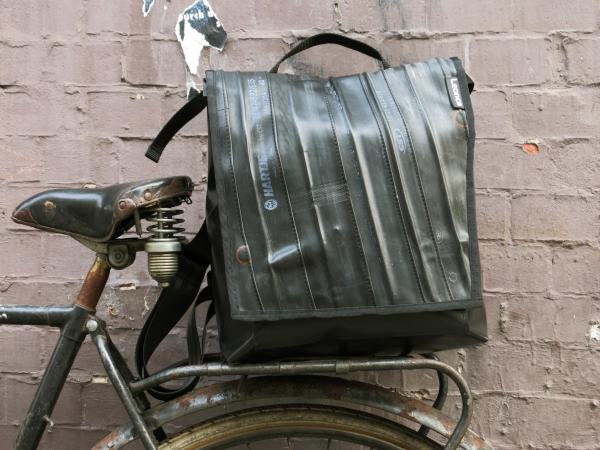 Backpack made from bicycle tubes and tarpaulin